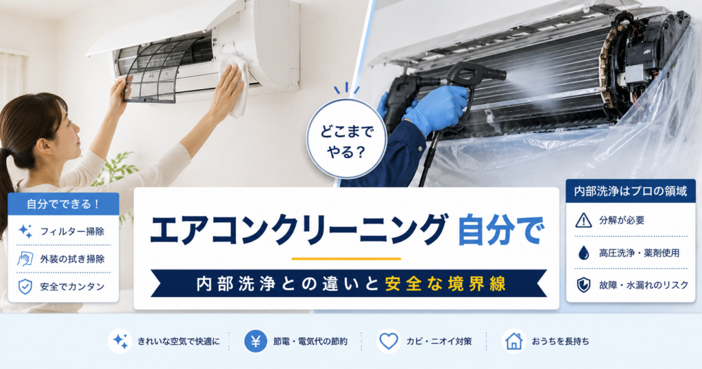 エアコンクリーニングを自分で行う場合について、フィルターや外装など自分で掃除できる範囲と、内部洗浄をプロへ任せる境界線を解説するアイキャッチ画像