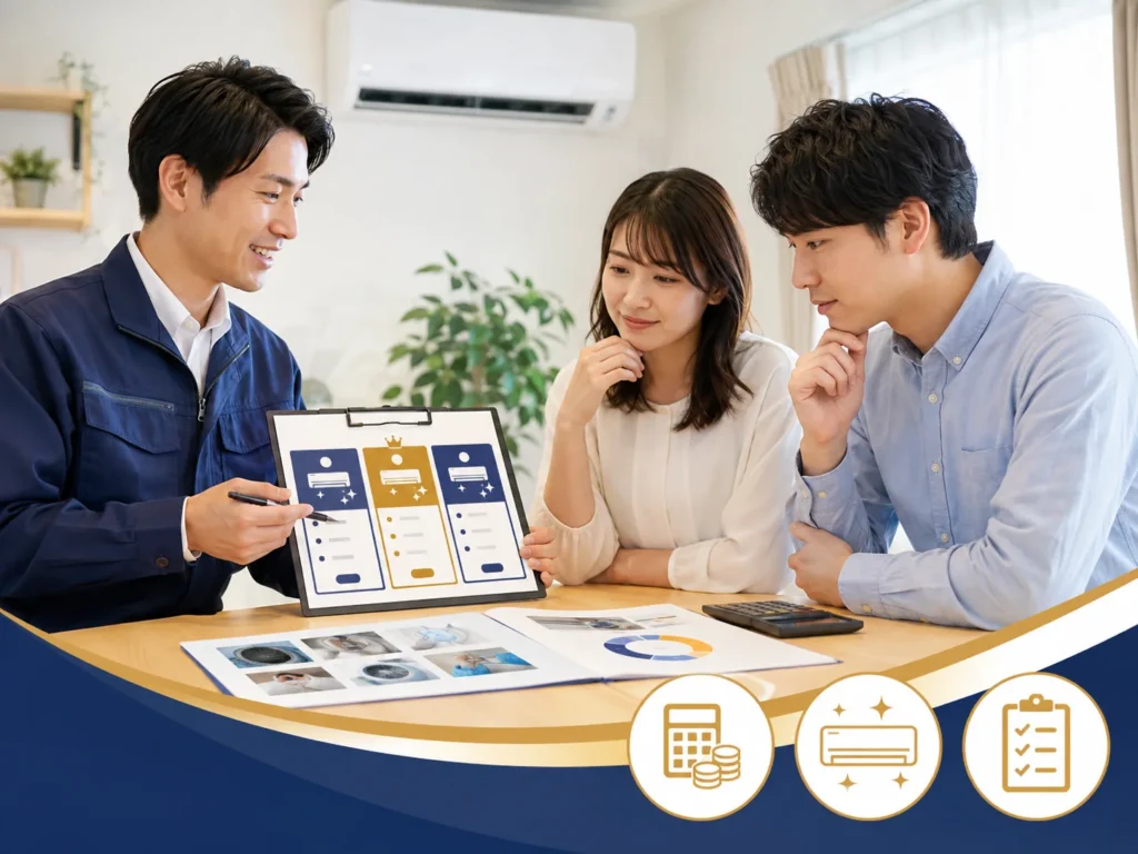 エアコンクリーニングの料金とサービス内容をスタッフと比較する夫婦