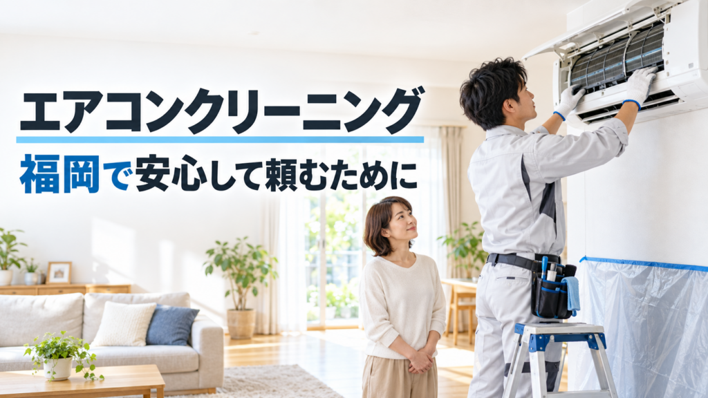 altテキスト｜福岡市のエアコンクリーニング料金記事に添えた、明るいリビングで作業員がカバーを開けた壁掛けエアコンを確認し、女性が見守る場面。「福岡で安心して頼むために」の文字入り。